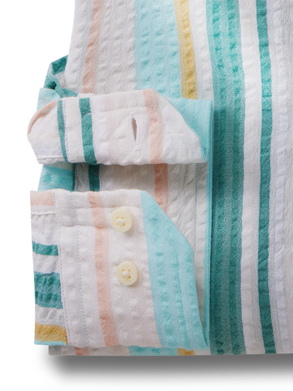 Majorca Seersucker Green Striped Full Sleeve Tailored Fit Casual Cotton Shirt