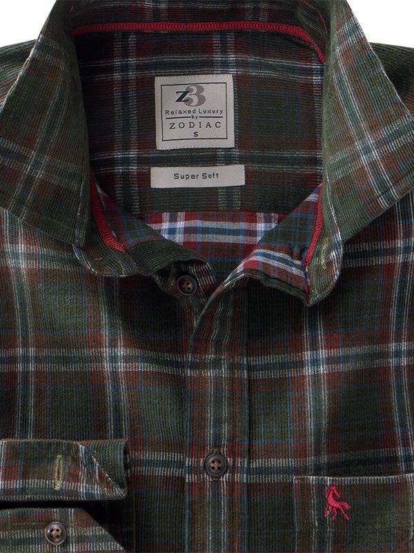 Conners Corduroy Green Check Full Sleeve Tailored Fit Casual Cotton Shirt