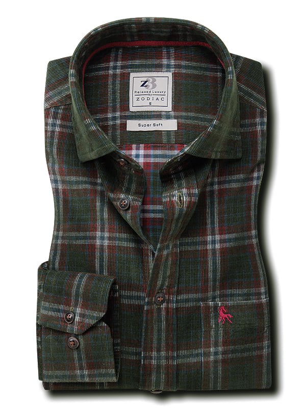 Conners Corduroy Green Check Full Sleeve Tailored Fit Casual Cotton Shirt