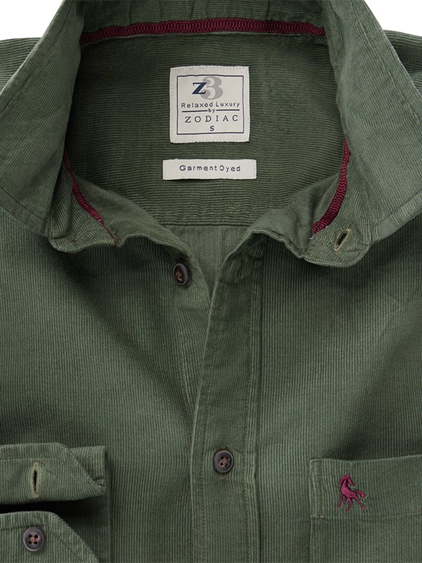Detry Corduroy Garment Dyed Green Full Sleeve Tailored Fit Casual Cotton Shirt