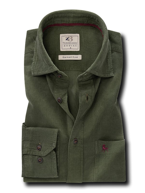 Detry Corduroy Garment Dyed Green Full Sleeve Tailored Fit Casual Cotton Shirt