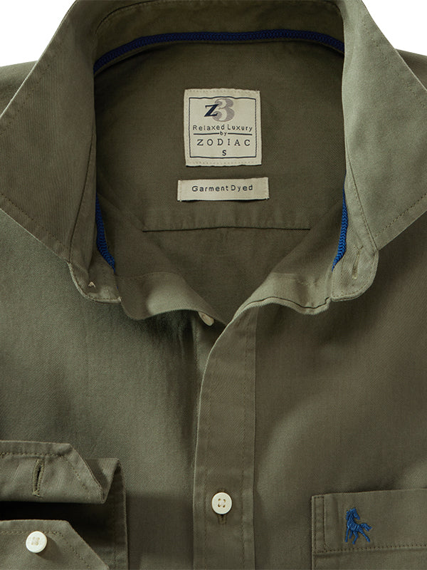 Draper Twill Garment Dyed Green Solid Full Sleeve Tailored Fit Casual Cotton Shirt