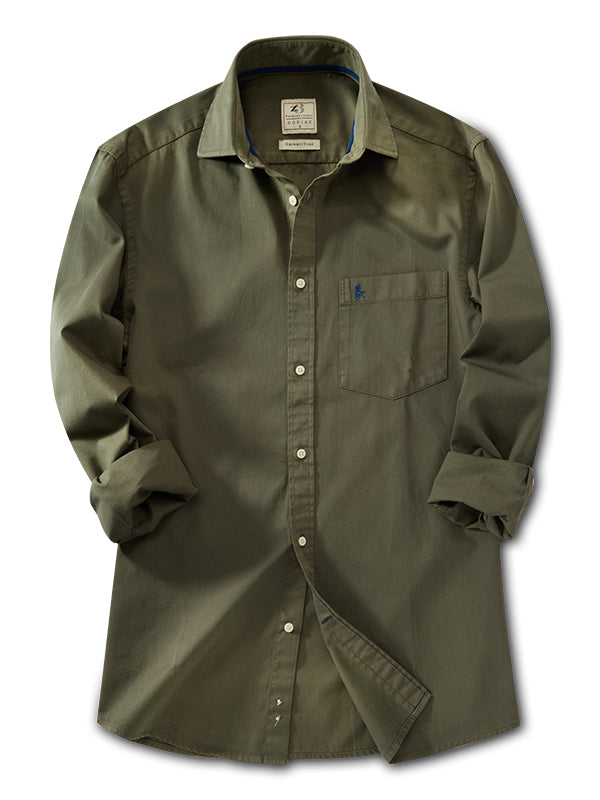Draper Twill Garment Dyed Green Solid Full Sleeve Tailored Fit Casual Cotton Shirt