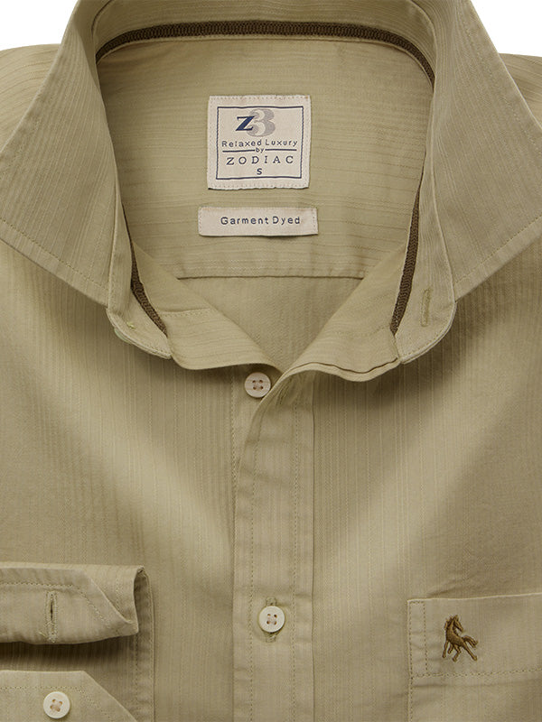 Bryson Dobby Garment Dyed Light Brown Striped Full Sleeve Tailored Fit Casual Cotton Shirt
