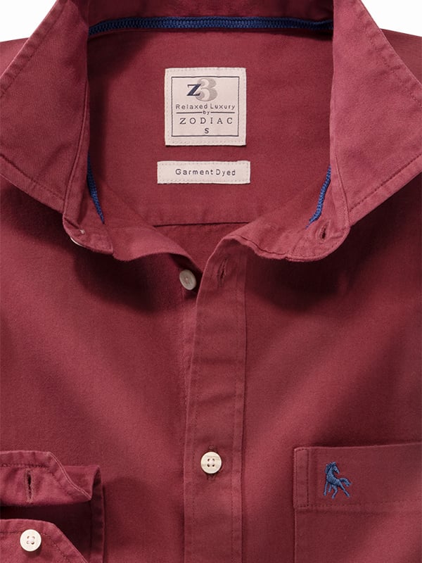 Neymar Twill Garment Dyed Maroon Solid Full Sleeve Tailored Fit Casual Cotton Shirt