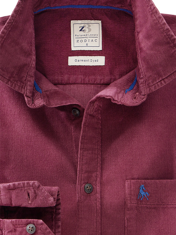 Rooney Corduroy Garment Dyed Maroon Full Sleeve Tailored Fit Casual Cotton Shirt