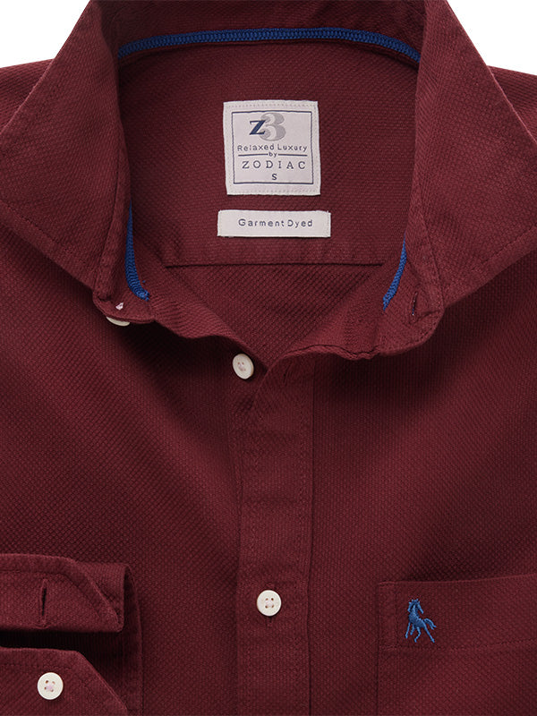 Starka Dobby Garment Dyed Maroon Full Sleeve Tailored Fit Casual Cotton Shirt