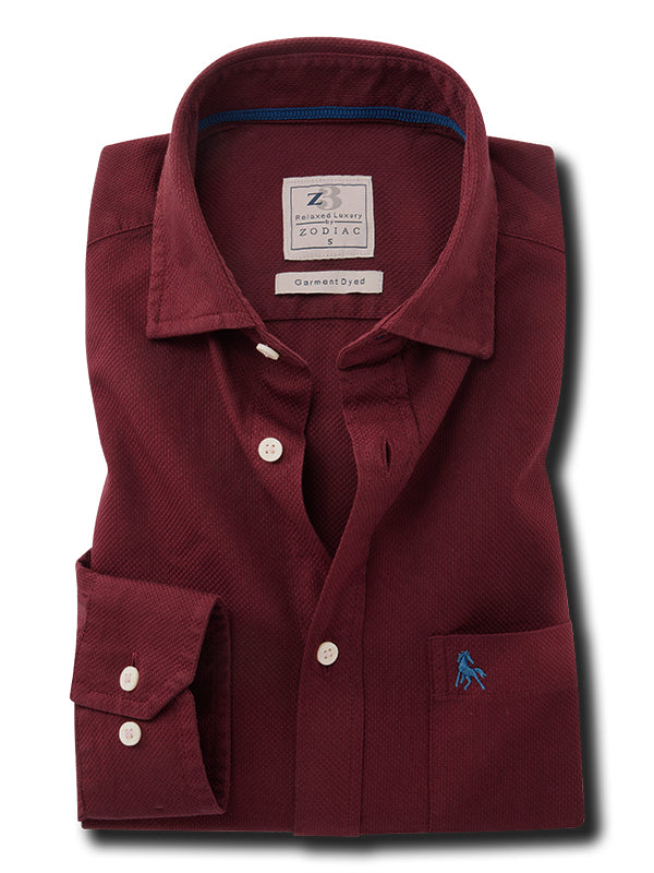 Starka Dobby Garment Dyed Maroon Full Sleeve Tailored Fit Casual Cotton Shirt