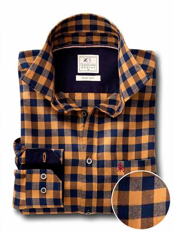 Vesper Mustard Check Full sleeve single cuff Slim Fit  Cotton Shirt