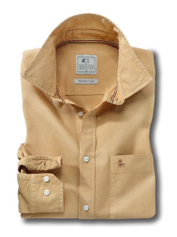 Murren Oxford Garment Dyed Mustard Solid Full Sleeve Tailored Fit Casual Shirt