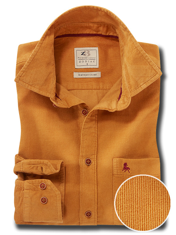Zermatt Corduroy Garment Dyed Mustard Full Sleeve Tailored Fit Casual Cotton Shirt
