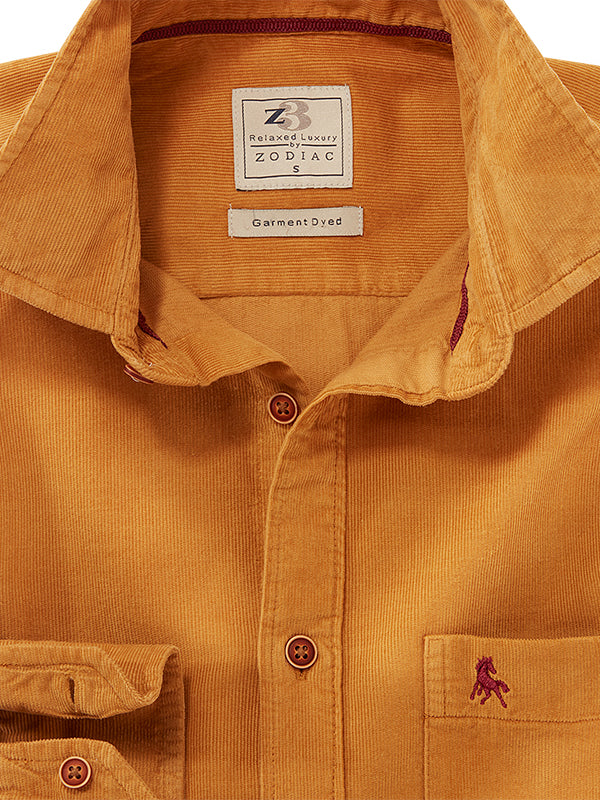 Zermatt Corduroy Garment Dyed Mustard Full Sleeve Tailored Fit Casual Cotton Shirt