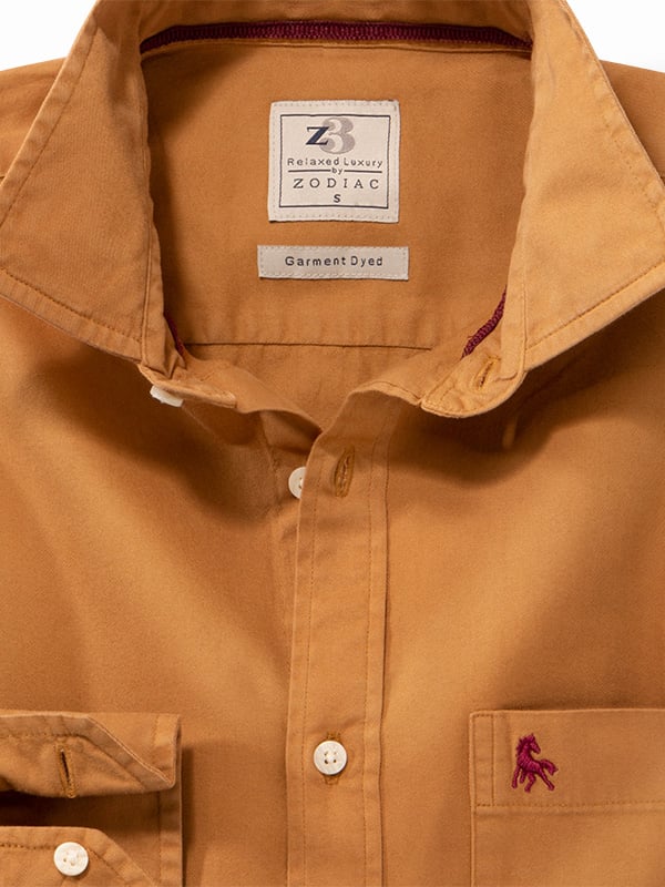 Neymar Twill Garment Dyed Mustard Solid Full Sleeve Tailored Fit Casual Cotton Shirt