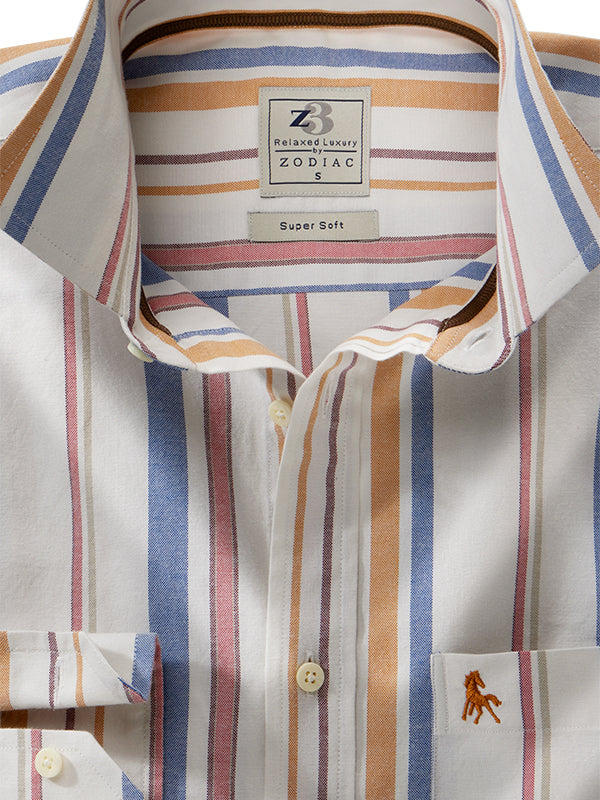 Ferdinand Oxford Mustard Striped Full Sleeve Tailored Fit Casual Cotton Shirt