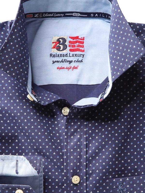 Yachts Navy Printed Full sleeve single cuff   Cotton Shirt