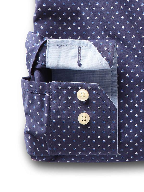 Yachts Navy Printed Full sleeve single cuff   Cotton Shirt