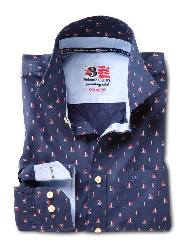 Lighthouse Navy Printed Full sleeve single cuff   Cotton Shirt