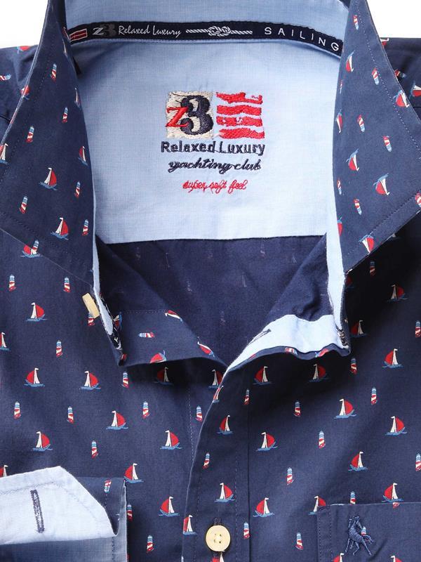 Lighthouse Navy Printed Full sleeve single cuff   Cotton Shirt