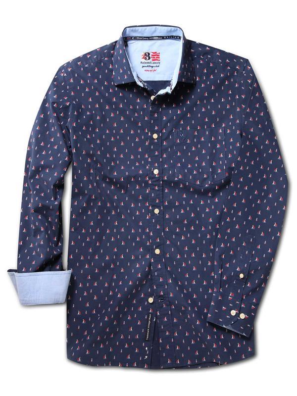 Lighthouse Navy Printed Full sleeve single cuff   Cotton Shirt