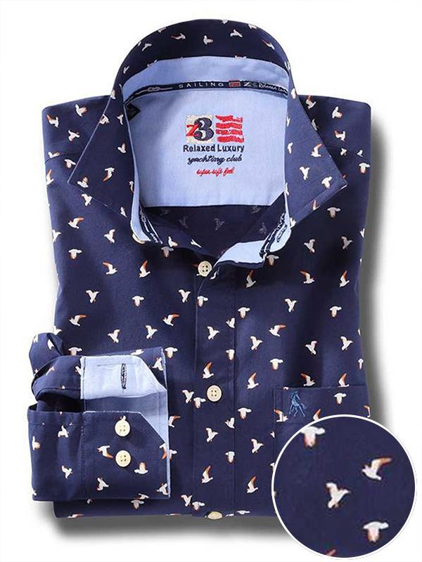 Egret Navy Printed Full sleeve single cuff   Cotton Shirt