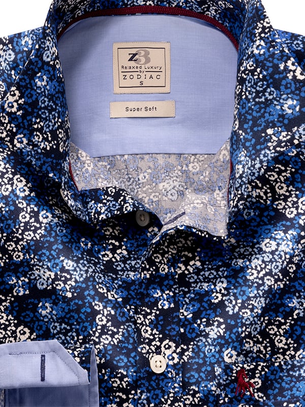 Mbappe Navy Printed Full Sleeve Tailored Fit Casual Cotton Shirt