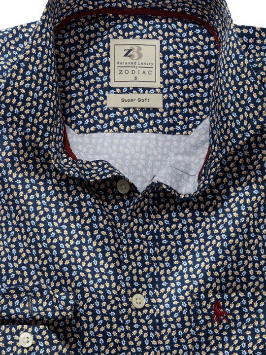 Thiago Navy Printed Full Sleeve Tailored Fit Casual Cotton Shirt
