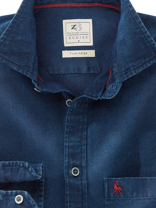 Russel True Indigo Navy Solid Full Sleeve Tailored Fit Casual Cotton Shirt