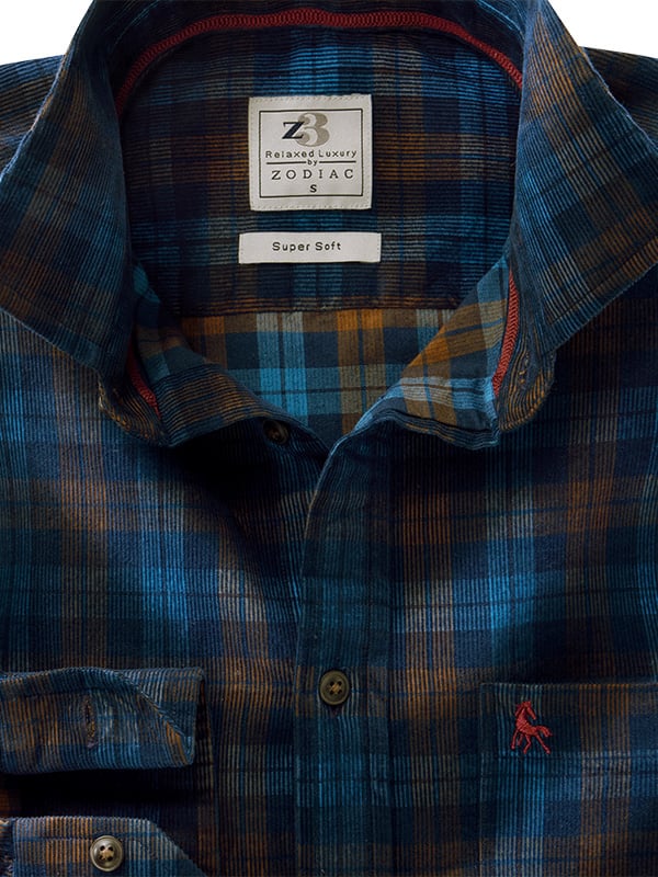 Griffin Corduroy Navy Check Full Sleeve Tailored Fit Casual Cotton Shirt