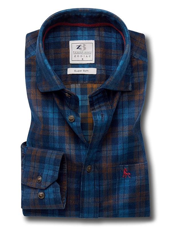 Griffin Corduroy Navy Check Full Sleeve Tailored Fit Casual Cotton Shirt