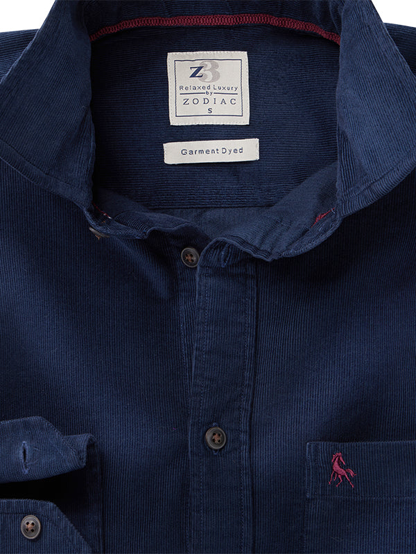 Detry Corduroy Garment Dyed Navy Full Sleeve Tailored Fit Casual Cotton Shirt