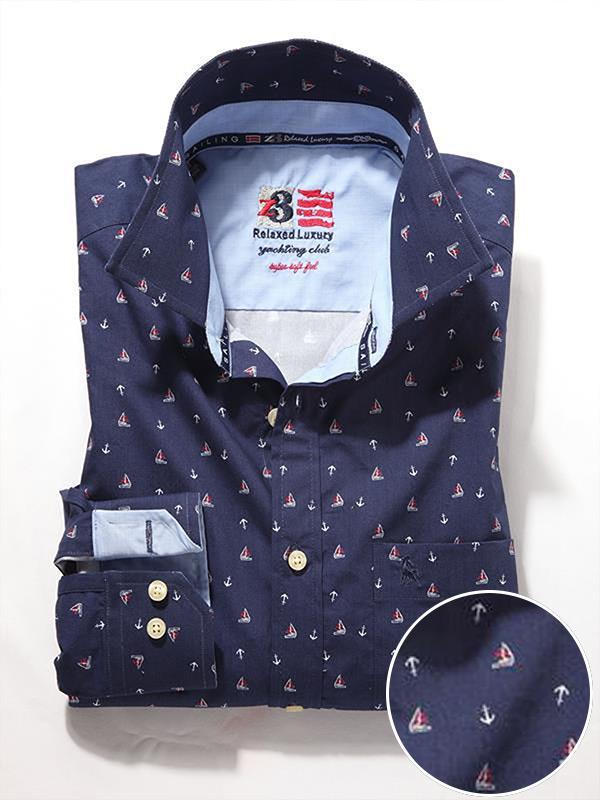 Yacht Navy Printed    Cotton Shirt