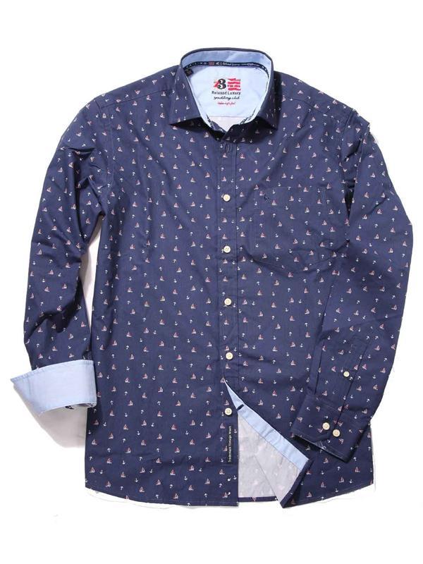 Yacht Navy Printed    Cotton Shirt