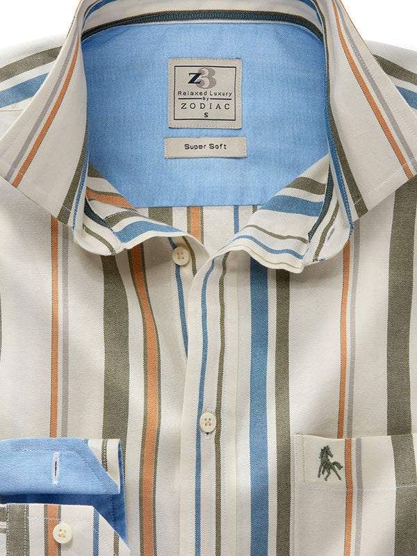 Tokyo Oxford Olive Striped Full Sleeve Tailored Fit Casual Cotton Shirt