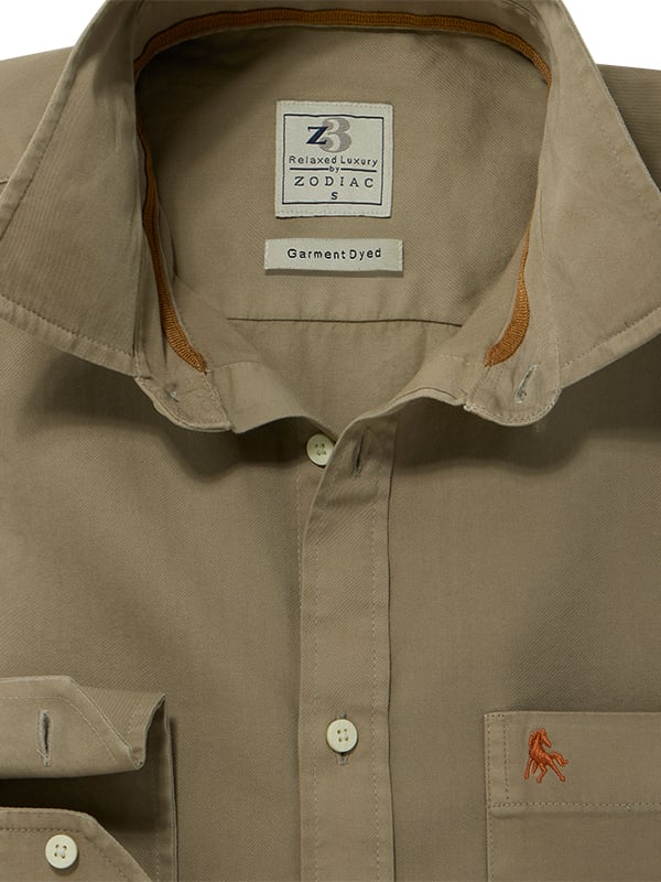 Perama Twill Garment Dyed Olive Solid Full Sleeve Tailored Fit Casual Cotton Shirt