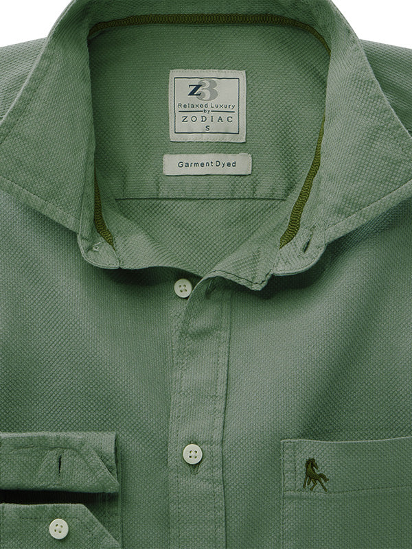 Starka Dobby Garment Dyed Olive Full Sleeve Tailored Fit Casual Cotton Shirt