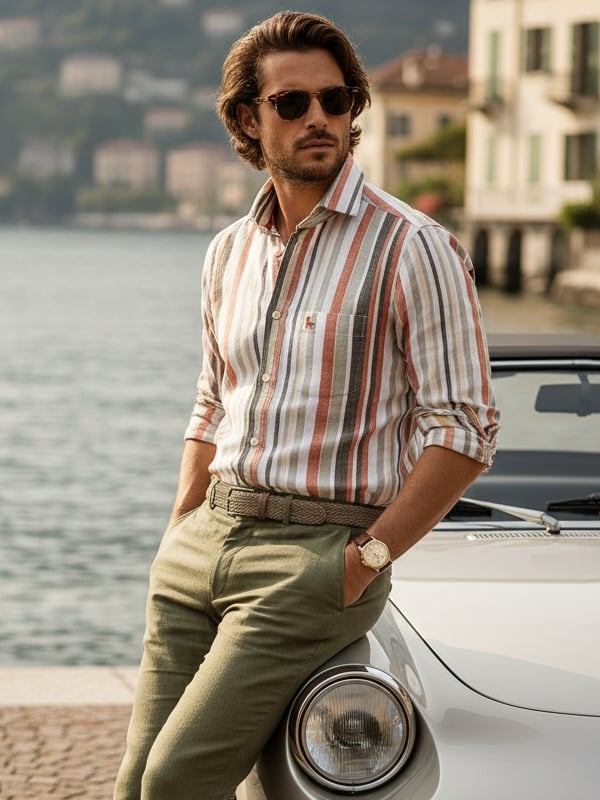 Hovland Slub Olive Striped Full Sleeve Tailored Fit Casual Cotton Shirt