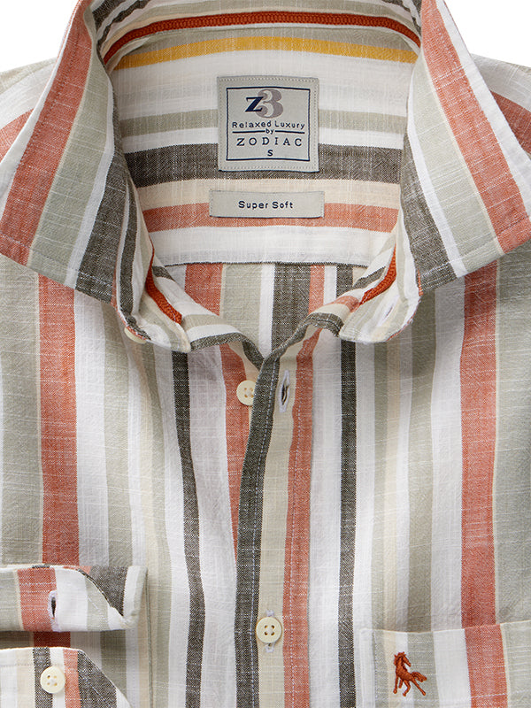 Hovland Slub Olive Striped Full Sleeve Tailored Fit Casual Cotton Shirt