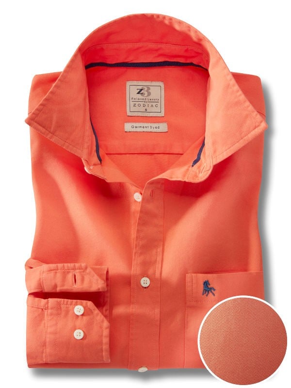 Tottenham Twill Garment Dyed Orange Solid Full Sleeve Tailored Fit Casual Cotton Shirt