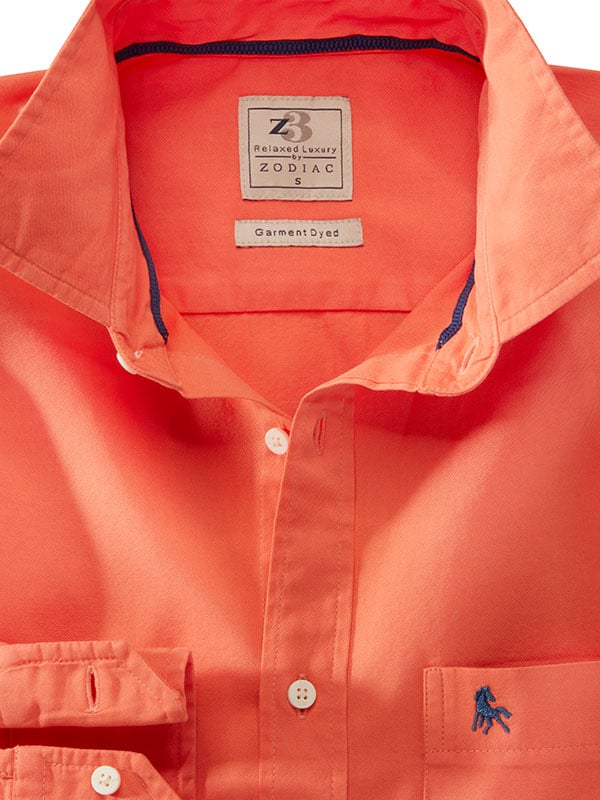 Tottenham Twill Garment Dyed Orange Solid Full Sleeve Tailored Fit Casual Cotton Shirt