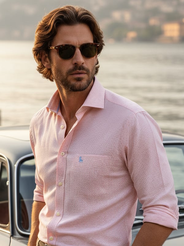 Palmas Seersucker Peach Check Full Sleeve Tailored Fit Casual Cotton Shirt