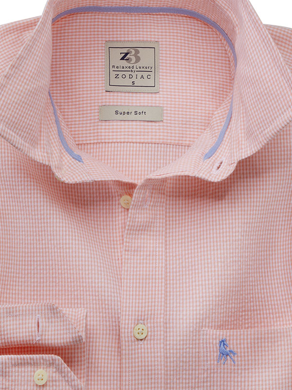 Palmas Seersucker Peach Check Full Sleeve Tailored Fit Casual Cotton Shirt