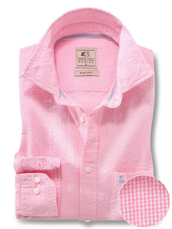Helsinki Seersucker Pink Check Full Sleeve Tailored Fit Casual Cotton Shirt