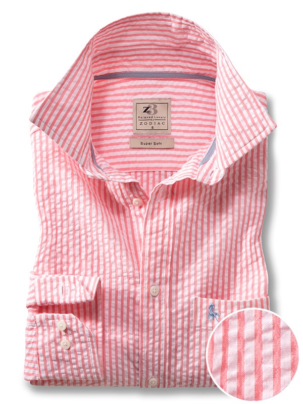 Nairobi Seersucker Pink Striped Full Sleeve Tailored Fit Casual Cotton Shirt