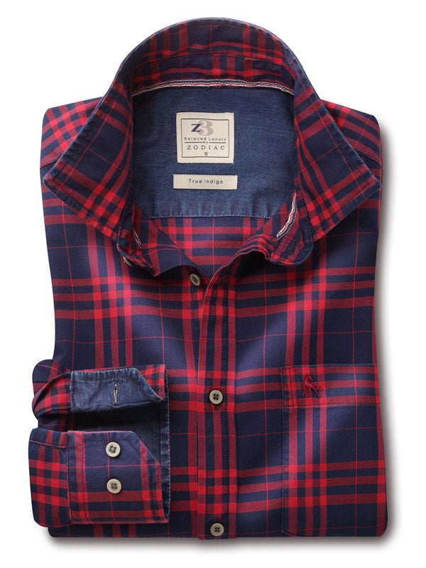 Heston Indigo Red Check Full sleeve single cuff   Cotton Shirt