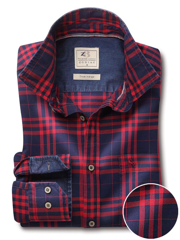 Heston Indigo Red Check Full sleeve single cuff   Cotton Shirt