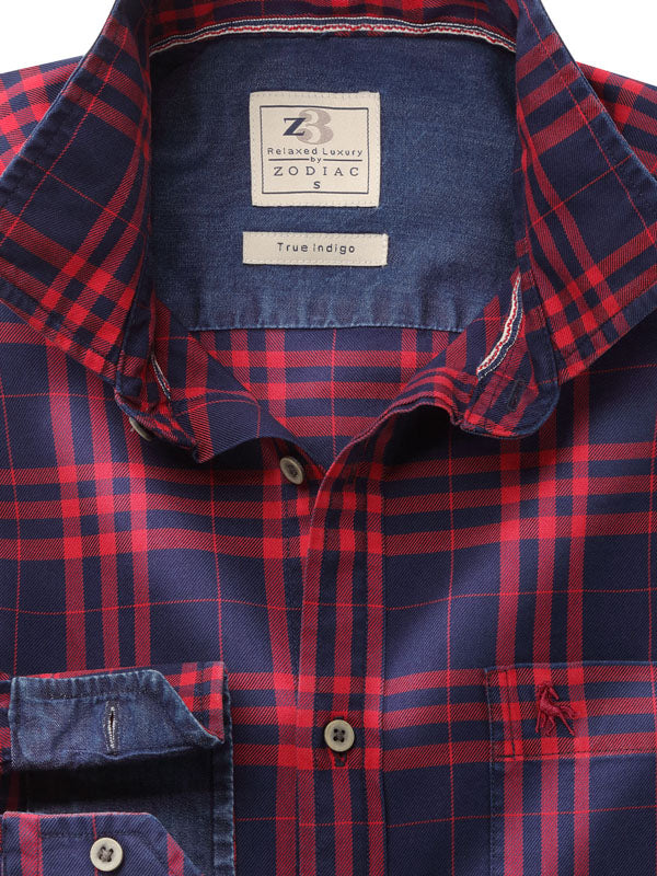 Heston Indigo Red Check Full sleeve single cuff   Cotton Shirt