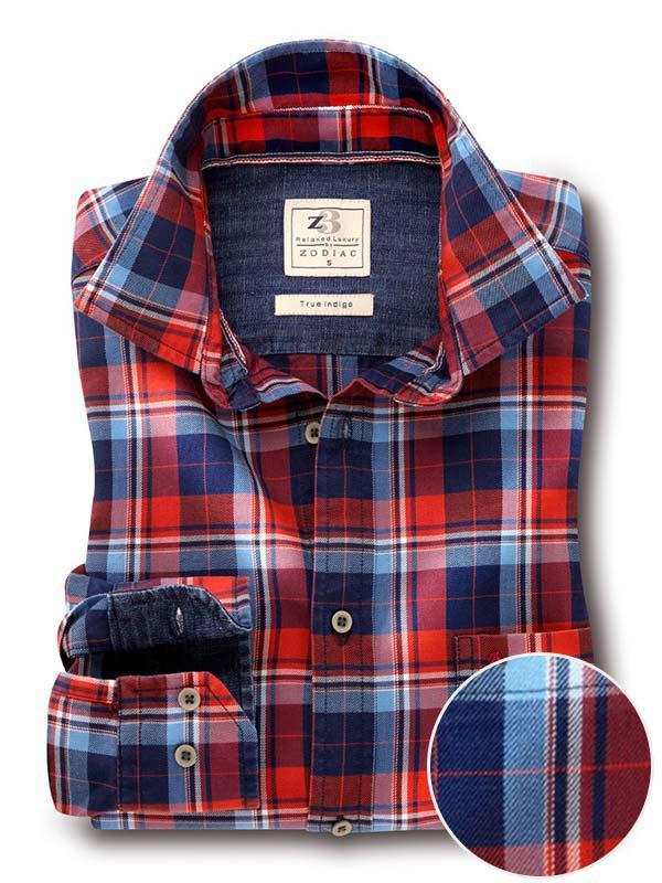 Hugh Indigo Red Check  Tailored Fit  Cotton Shirt