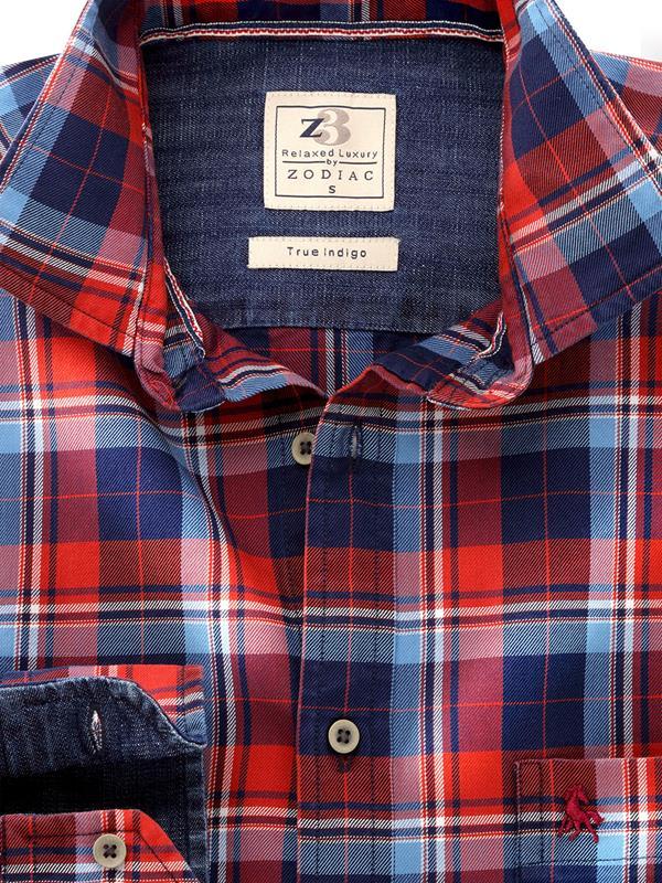 Hugh Indigo Red Check  Tailored Fit  Cotton Shirt