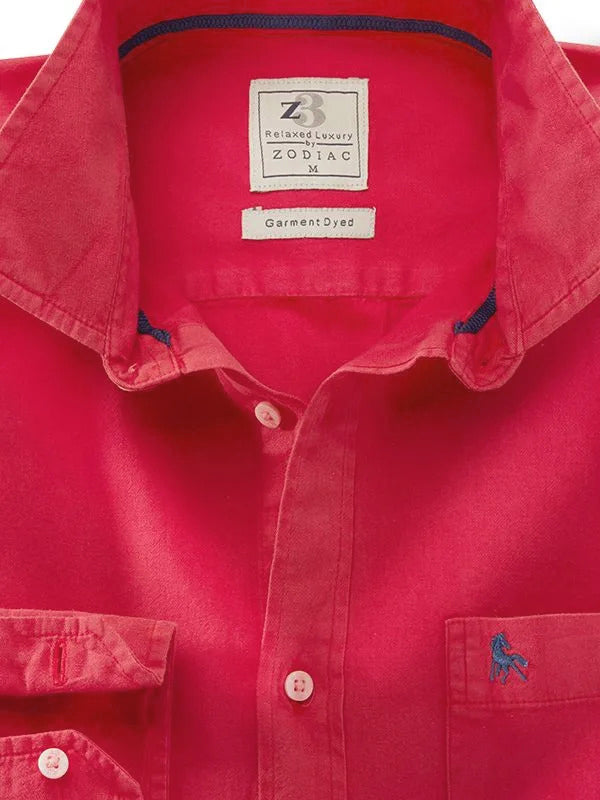 Tottenham Twill Garment Dyed Red Solid Full Sleeve Tailored Fit Casual Cotton Shirt