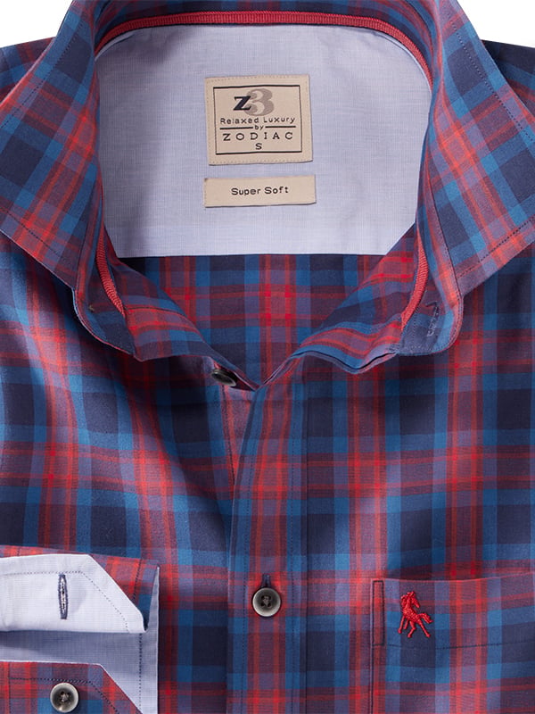 Benzema Red Check Full Sleeve Tailored Fit Casual Cotton Shirt